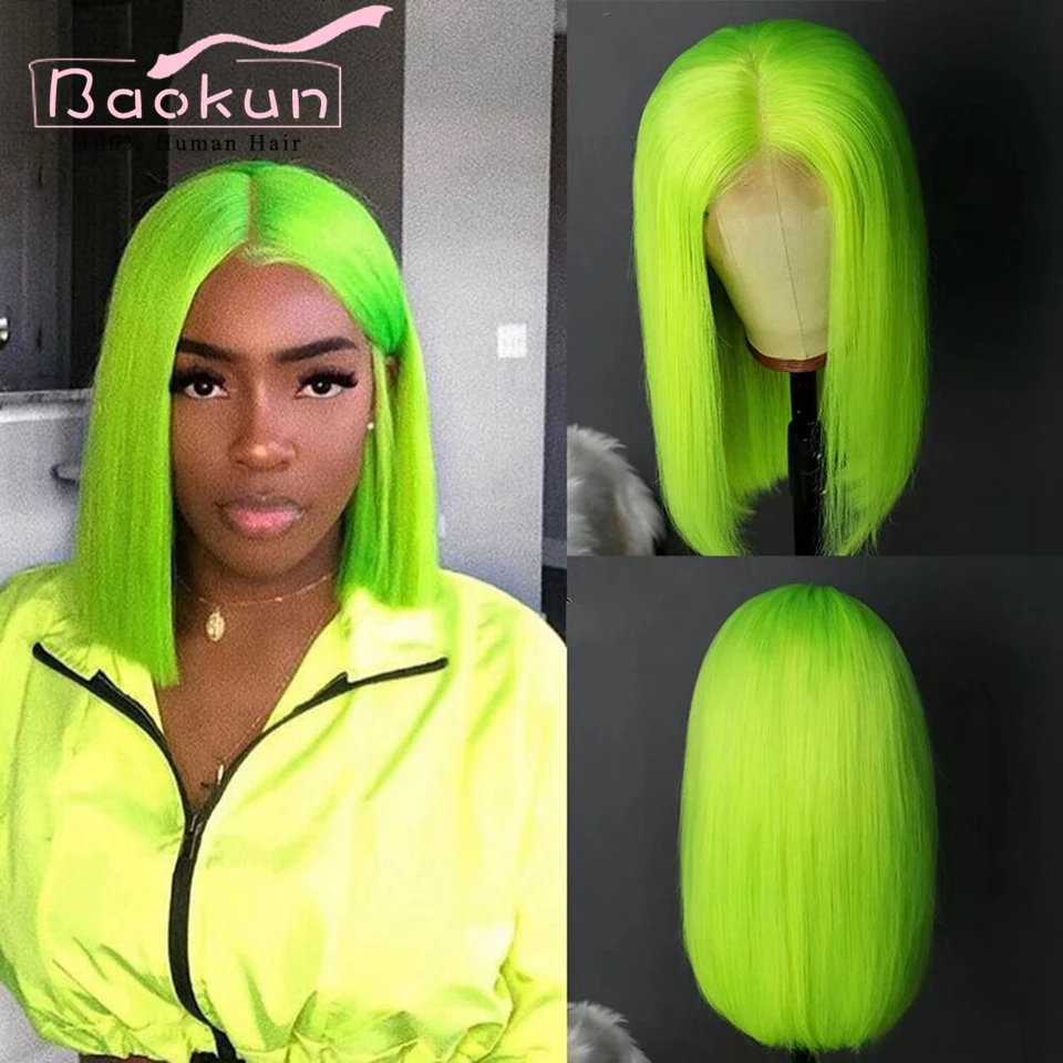 Bebê Azul e Verde Curto Perucas de Cabelo Humano, HD Lace Frontal Peruca, Pré Arrastado, Glueless, Bob, Direto, 13x4, 13x6