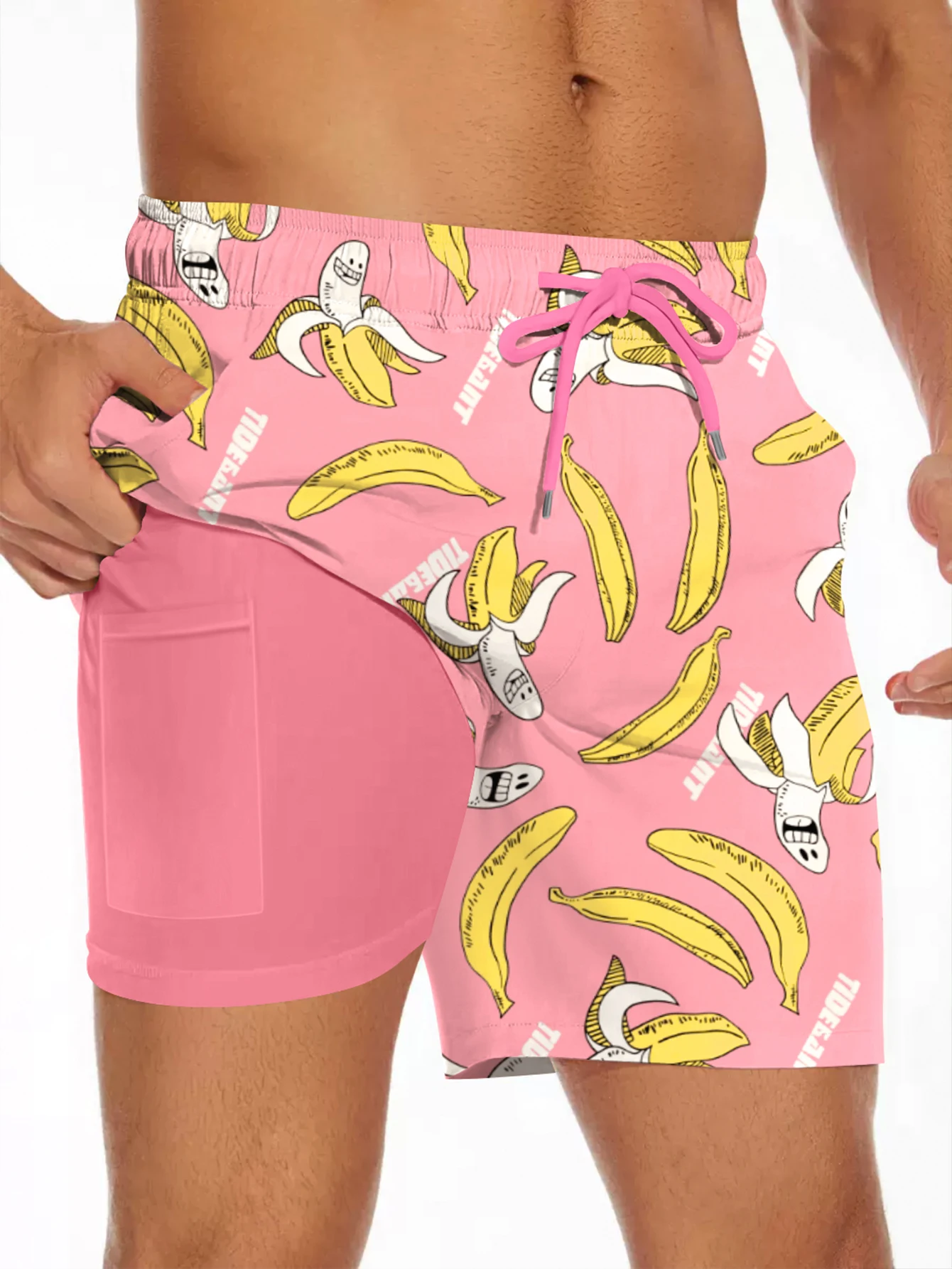 Fashion Cartoon Banana Digital Print Men\'s Quick Dry Double-layered Drawstring Shorts With Phone Pocket Design For Summer Beach