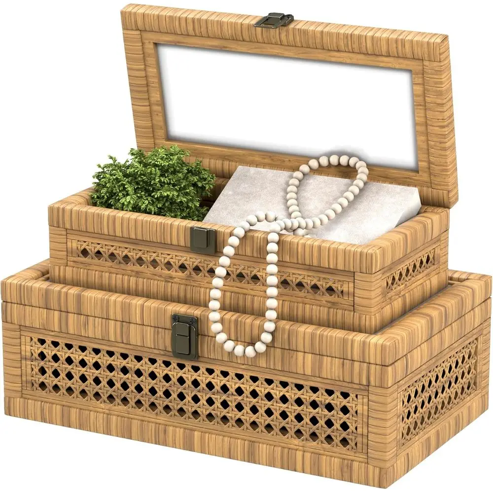 

Natural Rectangular Rattan Storage Boxes with Lids, Boho Style Decorative Wicker Baskets Set of 2 for Rustic Home Decor
