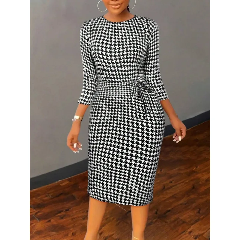 

Houndstooth Long Dress Elegant Ladybird Pattern Maxi Dress Citywalk High Collar Fly Sleeve Other Material 100% Other Style