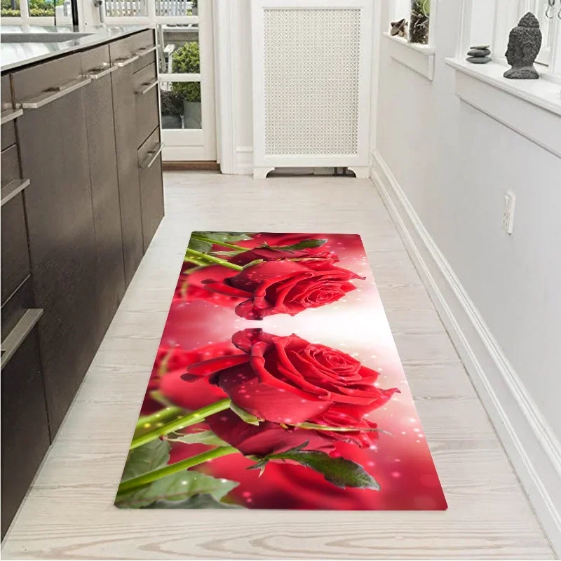 Rose Floral Kitchen Floor Mat Home Entrance Doormat Decoration Carpet for Living Room Non-slip Corridor Rugs Bathroom Mat