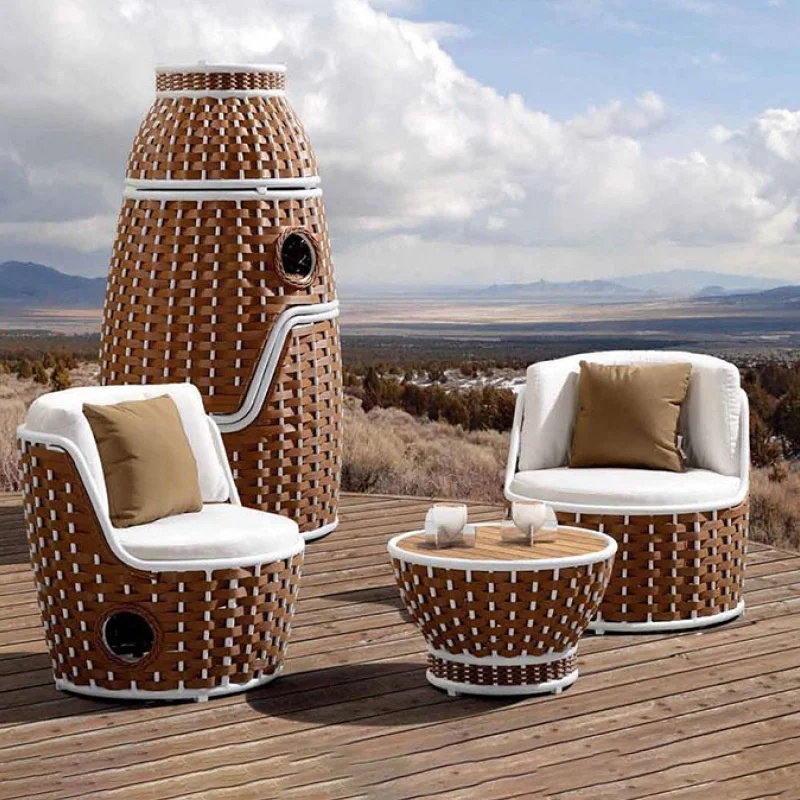 

#Luxury Portable Barrel-Shaped Outdoor Wicker Furniture Set Brown Rattan White Trim with Storage Tower Garden Chair Patio