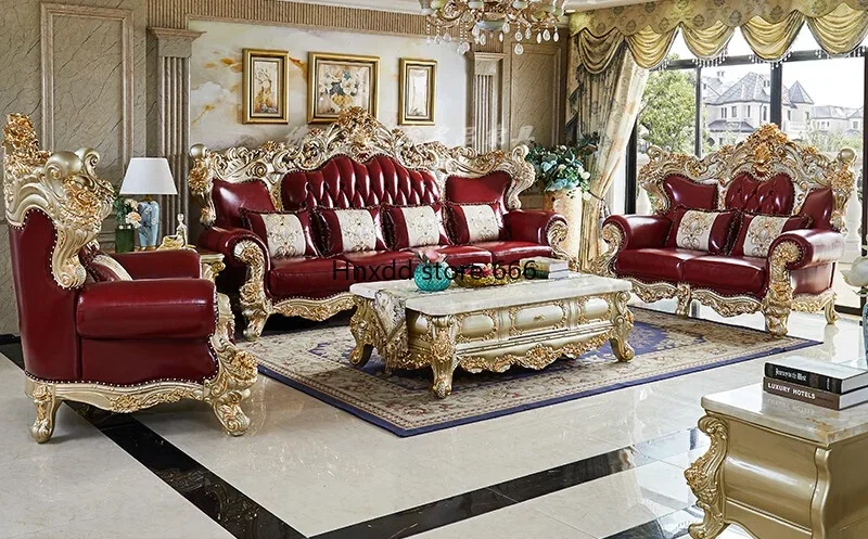 French court living room solid wood luxury leather sofa