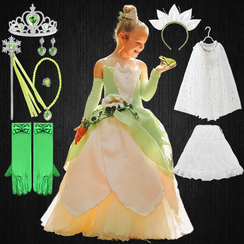 Vestido de princesa Tiana para meninas, traje de cosplay infantil de Halloween, vestido verde infantil, princesa e o sapo, boutique