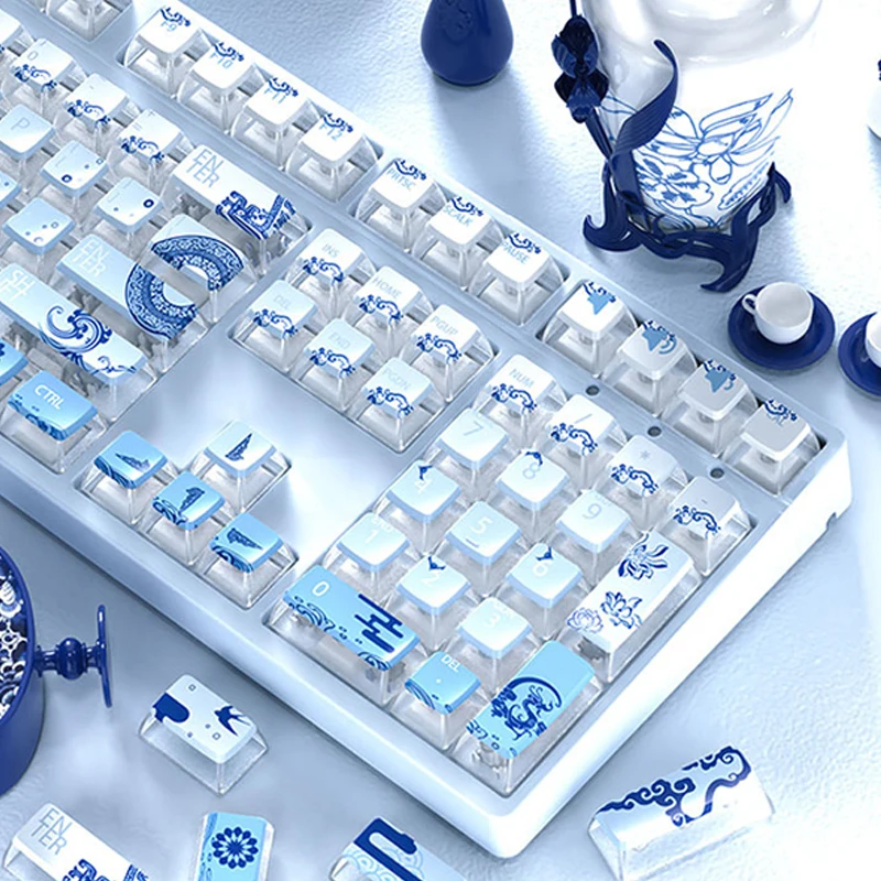 Transparent Blue And White Porcelain Theme Keycaps PBT ASA Profile Gaming Key Caps For Mechanical Keyboard Accessories
