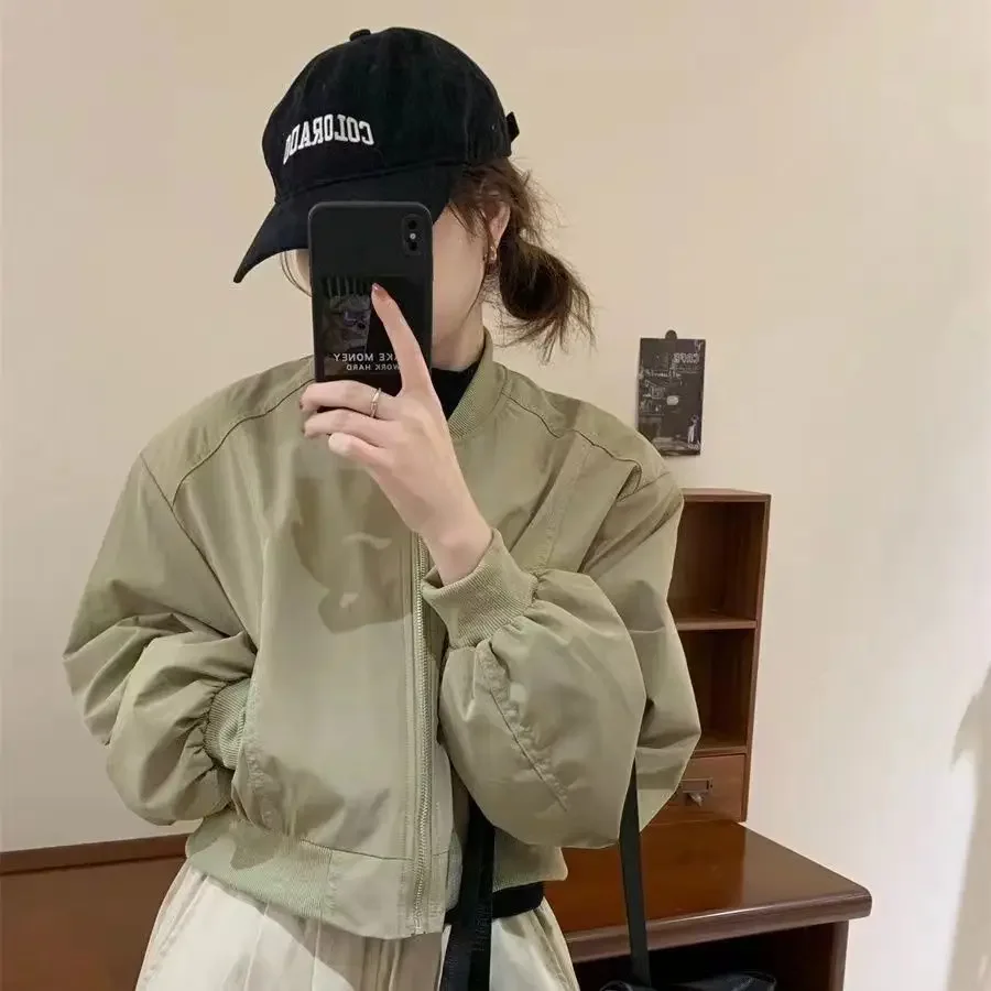 2024 Spring and Autumn New Korean Edition Stand up Collar Casual Loose Short Baseball Solid Color Versatile Coat for Women