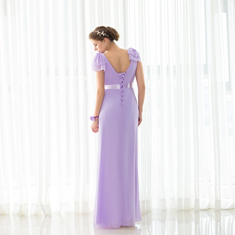 Vestidos de dama de honor lilas, línea A, cuello en V, largo hasta el suelo, gasa, fiesta de boda