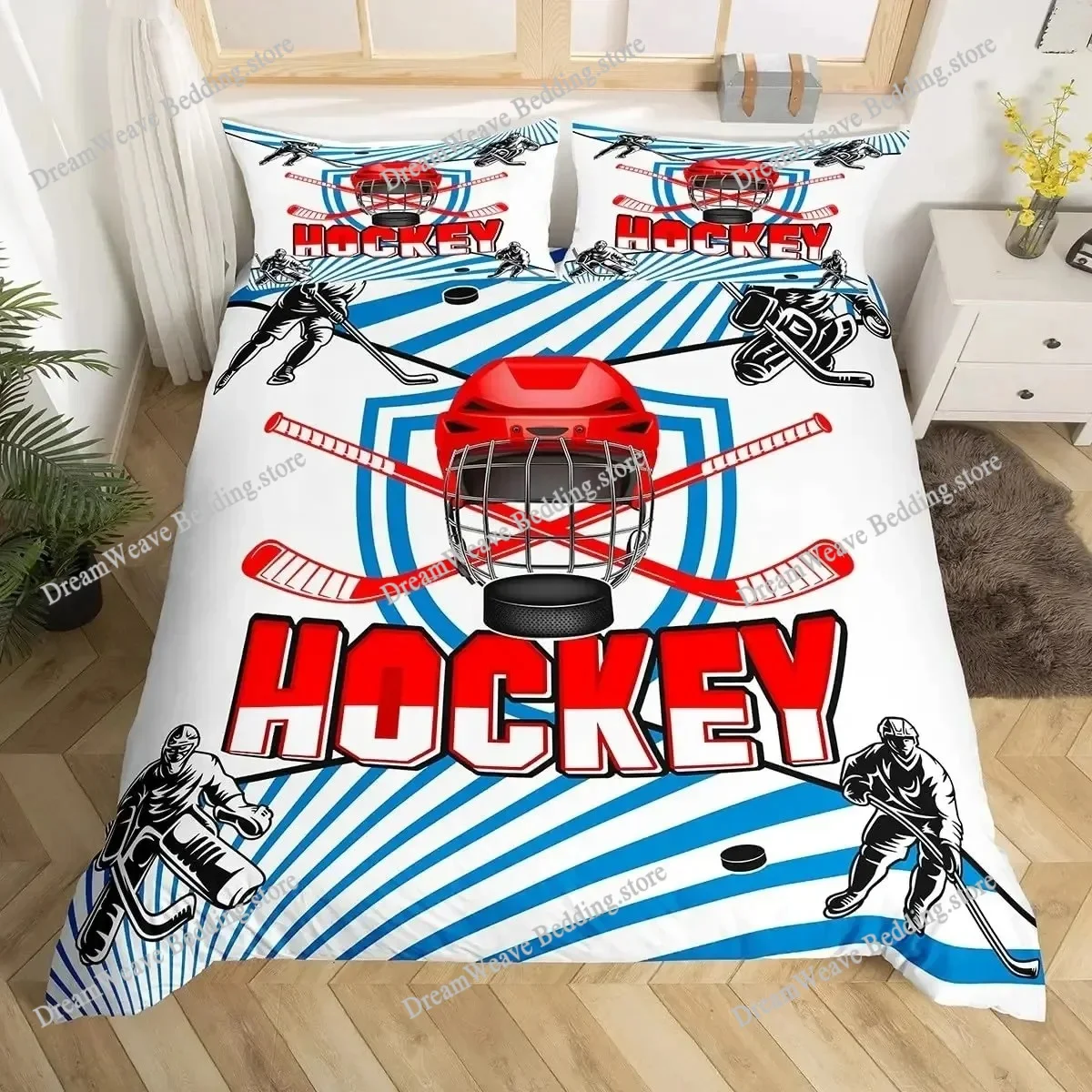 

Ice Hockey Duvet Cover Helmet Skates Comforter Winter Ice Sports Games Bedding Set for Boys 3D Print Polyester Quilt Cover