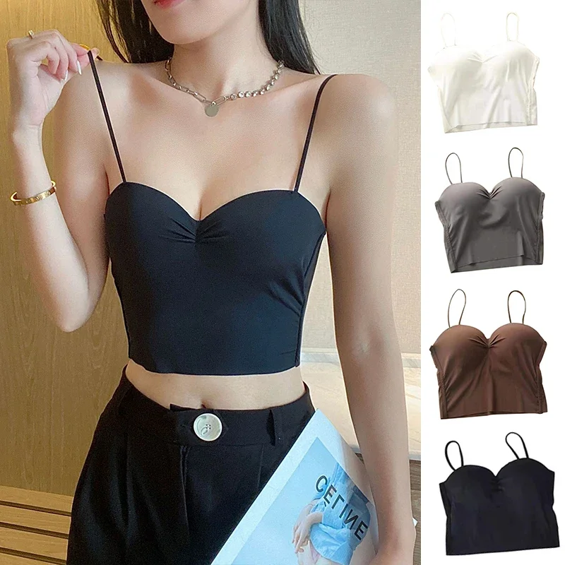 French No Trace Vest Sexy Crop Tops Women Spaghetti Strap Built In Bra Female Wireless Bralette Corset Top Camisole Lingerie