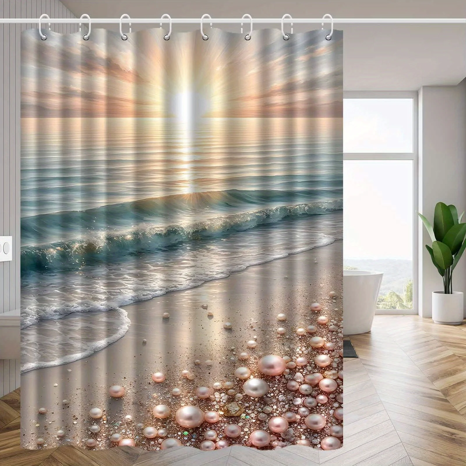 1pc Coastal Bathroom Shower Curtain - Elegant Beach Ocean Waves & Pearl Accents in Blue, Golden, Beige - Machine Washable Polyes