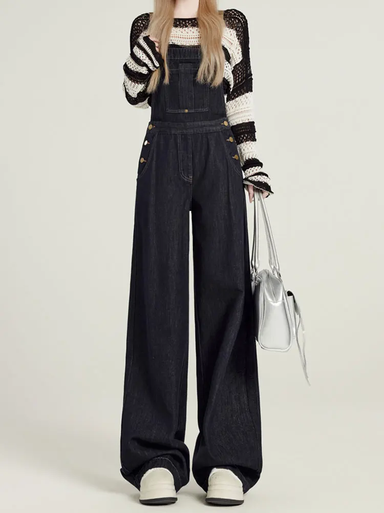 Salopette di jeans coreana retrò da donna a vita alta dimagrante scuola Sle Agel versatile tuta a gamba larga blu intenso