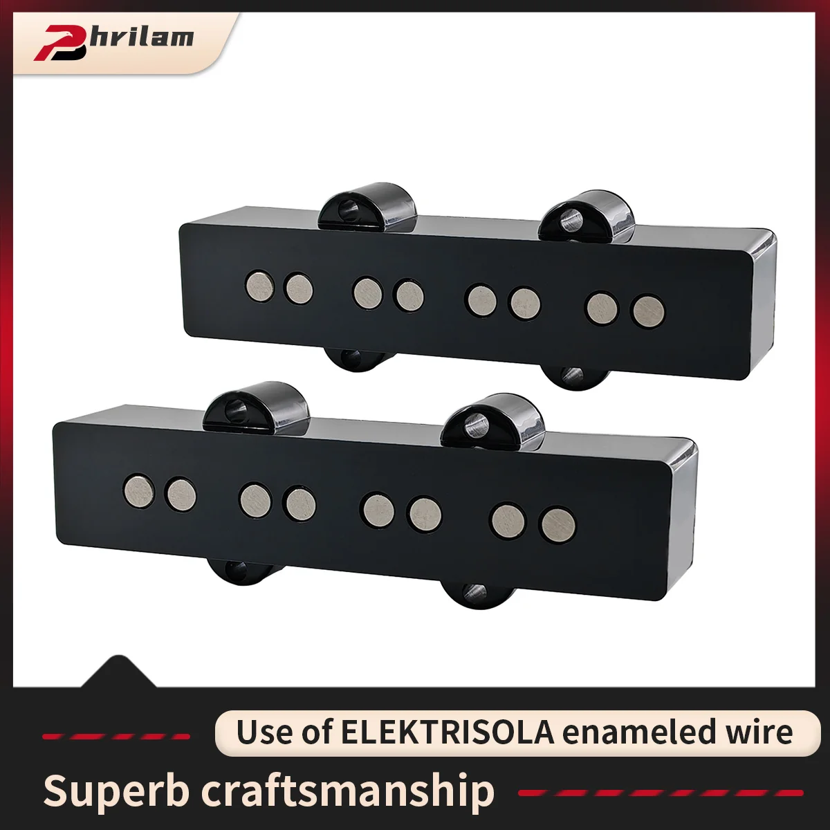 

PHRILAM Alnico 5 Fiber baseplate Vintage Tone Jazz Bass Pickups Neck Bridge Pickups Set for 4 String J-Bass Electric Bass,Black