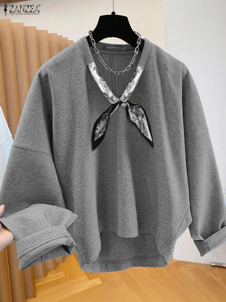 ZANZEA المرأة بلون عالية منخفضة البلوز مع وشاح الخامس الرقبة طويلة الأكمام بلوفر مغزول القمم ملابس امرأة عادية فضفاضة