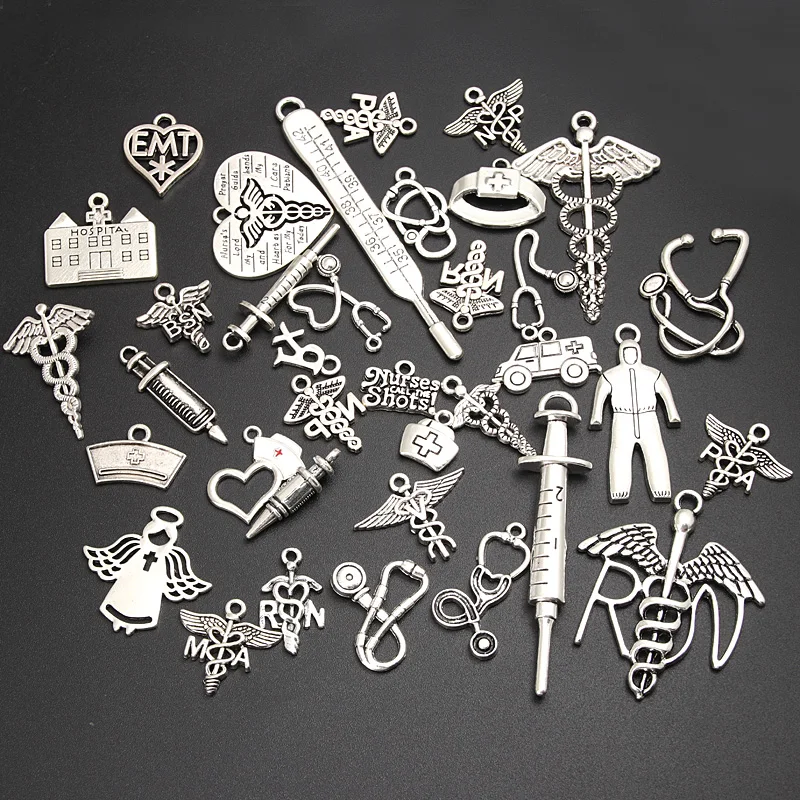 30pcs Random Mix Silver Color Medicine Hospital Syringe Charms Nurse Cap Ambulance Thermometer Pendant Jewelry Accessories