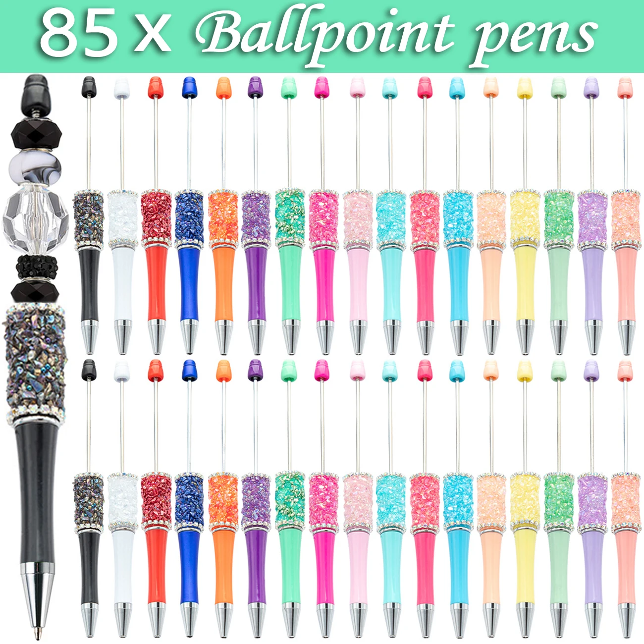 85Pcs Crystal Crushed Bead Ballpoint Pen Student Writing Pens DIY Beadable Pens Stationery School Office Supplies