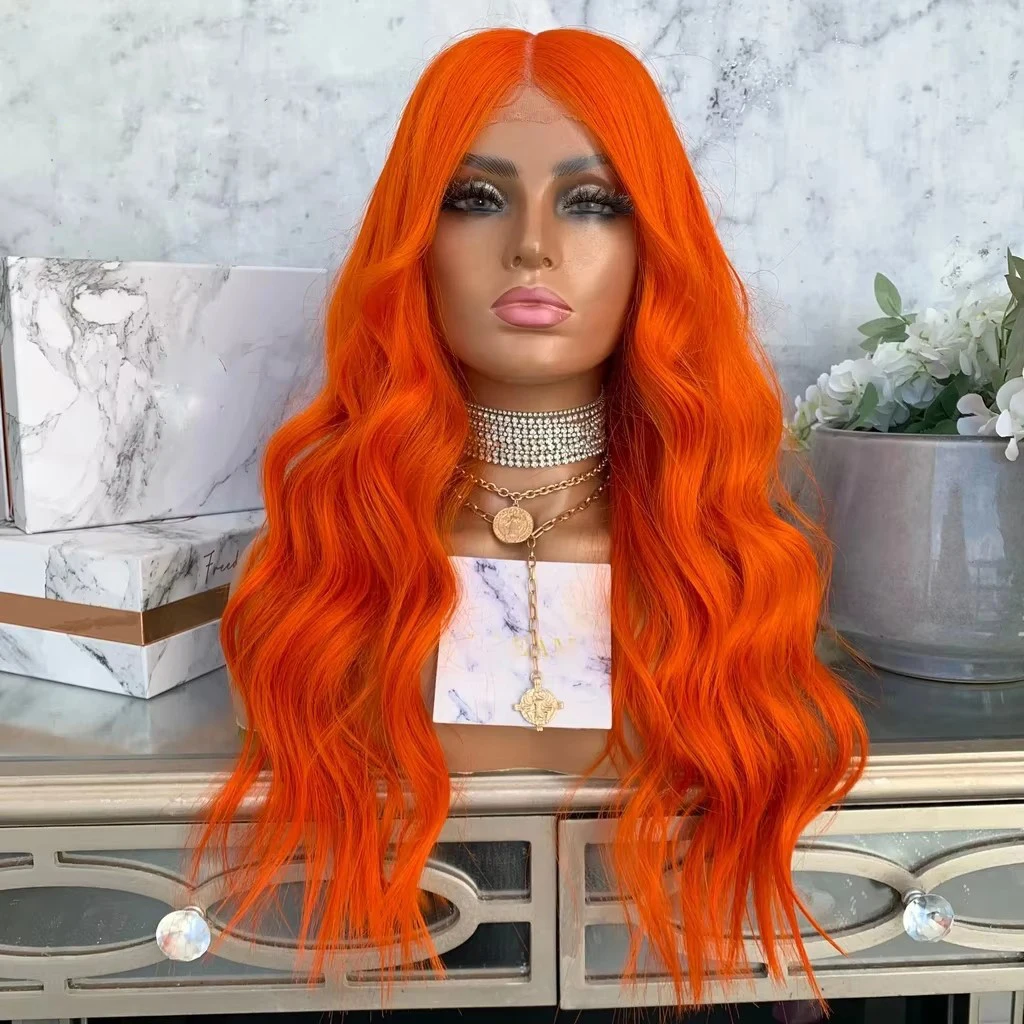 MXWIGS Synthetic Hair Orange Soft Loose Deep Wave 13X4 Lace Front Wig For Women Glueless Preplucked  Heat Resistant  Cosplay