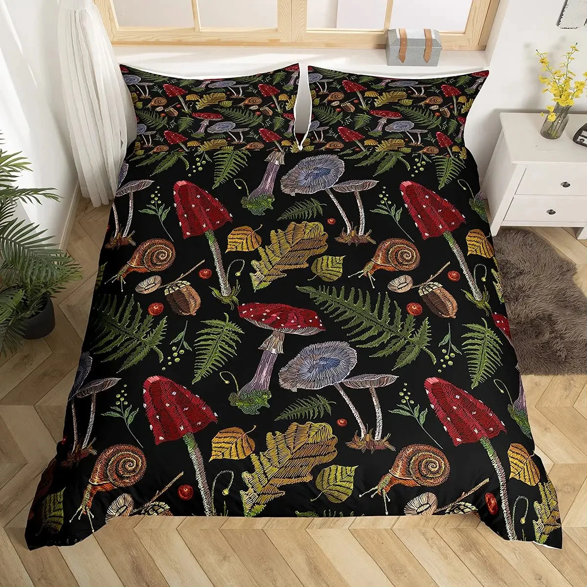 

Mushroom Duvet Cover Set Burgundy Plant Fallen Leaves Bedding Set 2/3pcs for Boys Snail Print King Size Soft Comforter Cover