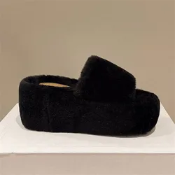 COOTELILI Winter Fashion Women Home Slippers Faux Fur Warm Wedges Shoes Platforms Woman Slip on Flats Female Fur 8cm High Heels