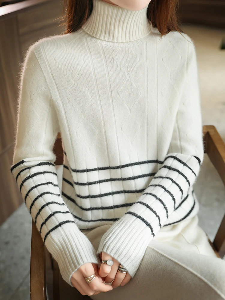 Prosty styl golf w paski jednokolorowy sweter w kratkę wiosna jesień 100% wełna merynosów dzianina damski sweter wygodne topy
