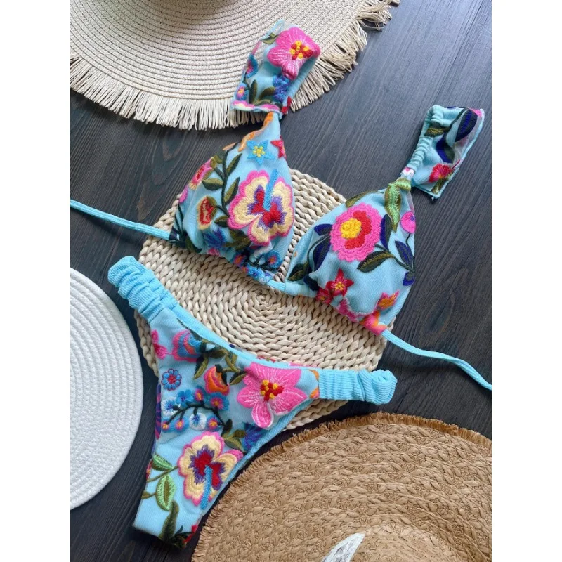 2025 Hot Style Mesh Multicolor Embroidered Fabric Flash Bikini Suit Lace Up European and American Fashion