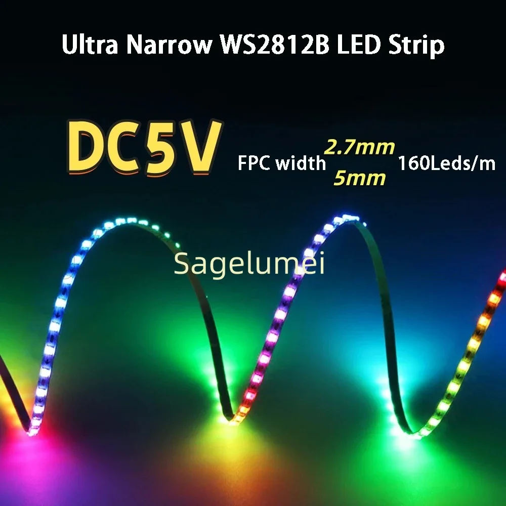 2.7/5mm WS2812B Ultra Narrow COB LED Strip Individually Addressable Flexible RGBIC Colorful Pixel Light 160Leds/M White PCB DC5V