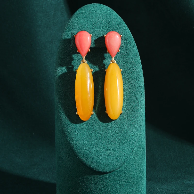 Винтажные антикварные желтые висячие серьги с натуральным камнем, розовые длинные массивные ювелирные изделия, роскошные бренды, дизайнер высокого качества 2025