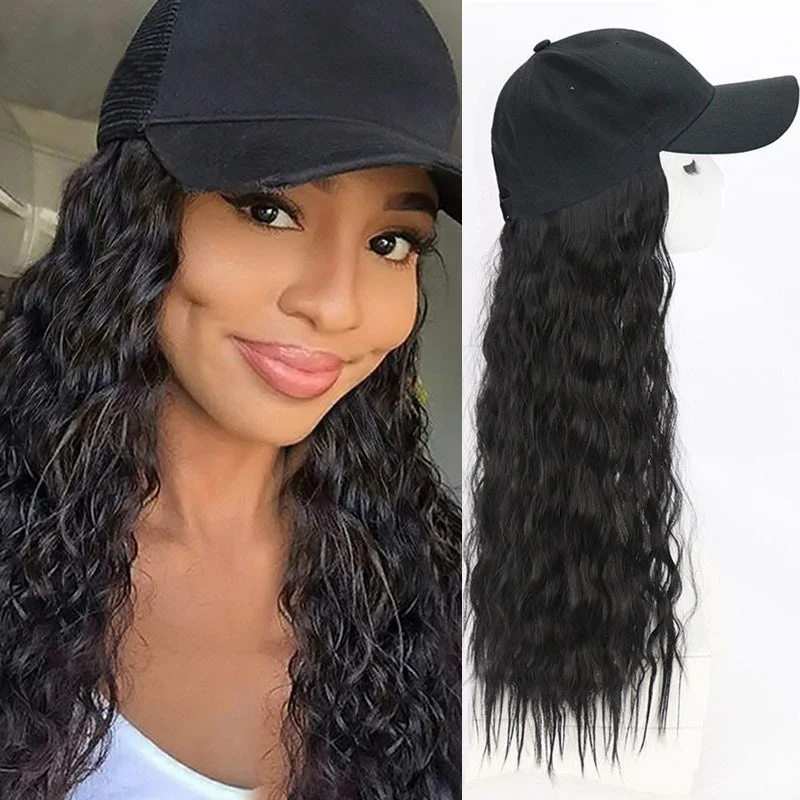 Casquette cap Wig Long Kinky Straight Wig With Hat Synthetic Hair Wigs Naturally Connect Hat Wigs