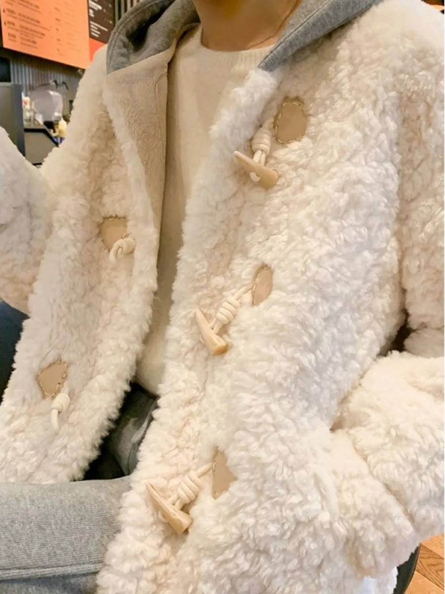 Lamb FUR Hooded Coat ผู้หญิงฤดูใบไม้ร่วงฤดูหนาวหนา WARM All-Match แฟชั่นหวาน Ulzzang Horn หัวเข็มขัด Outerwear TOP