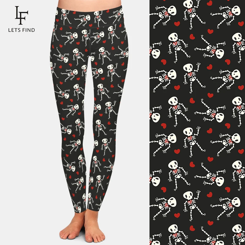 LETSFIND Fashion Skeletons and Hearts Digital Print High Waist  Leggings Women Slim Black Stretch Leggings