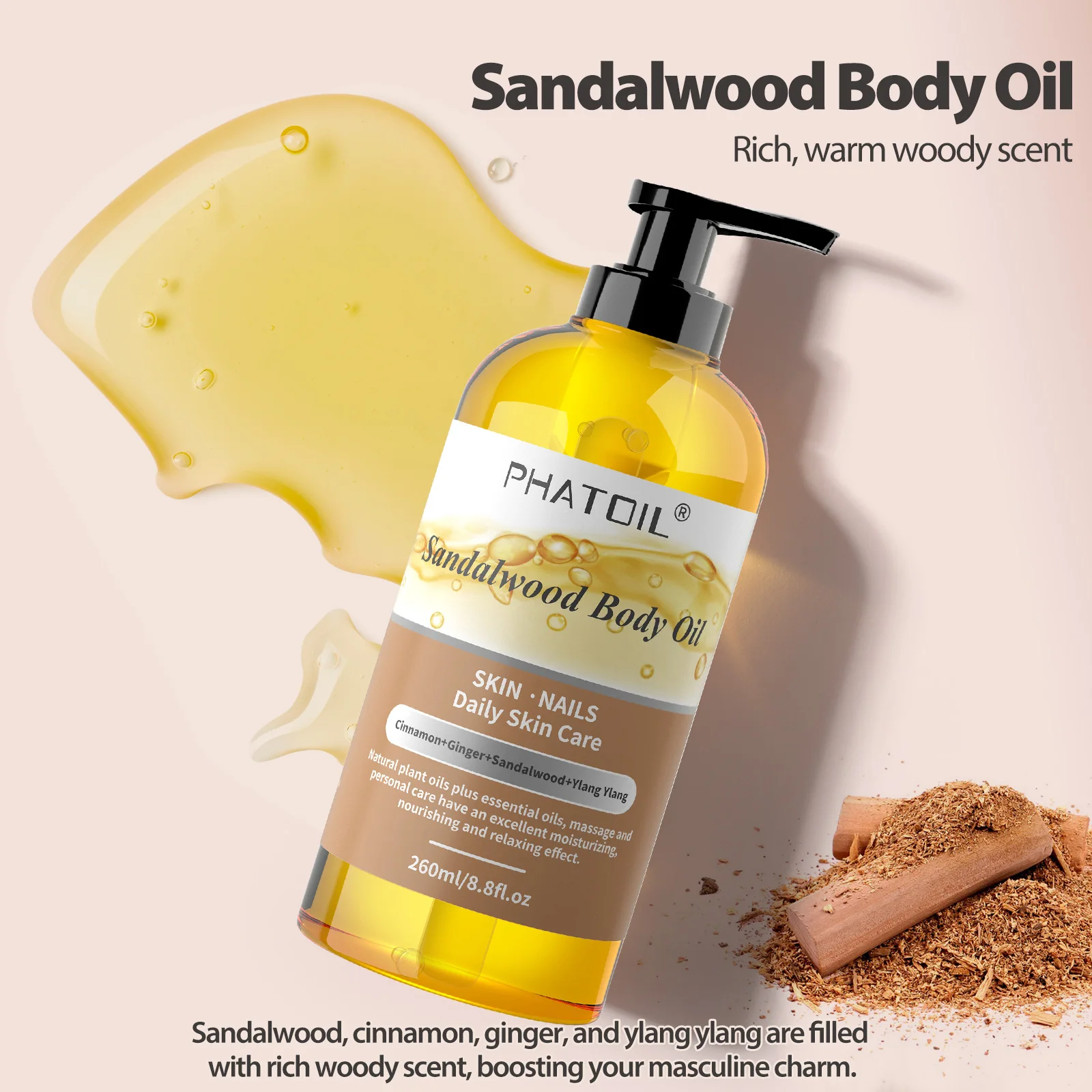 PHATOIL 260ML Sandalwood Body Oil Long-Lasting Fragrance Deep Nourishing & Moisturizing Skin Premium Massage Oil For Body