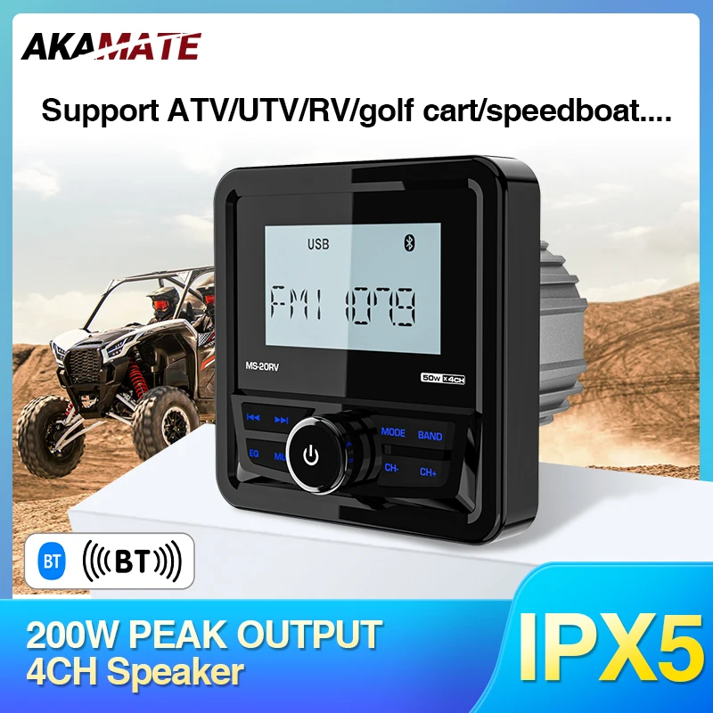 AKAMATE Boat Radio Car Radio for RV UTV ATV SPA RZR Media Player Marine Stereo Waterproof Bluetooth USB AUX FM AM Radio Receiver