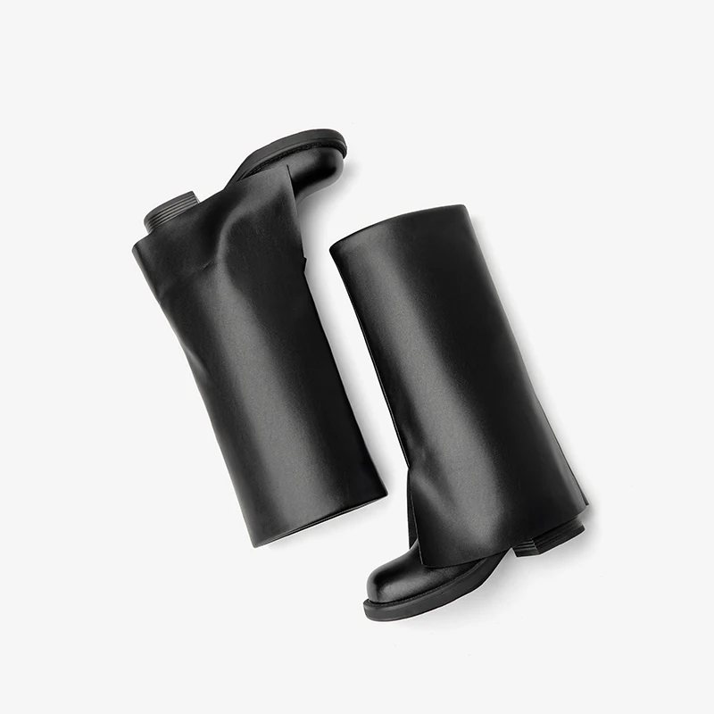 BEAUTODAY Tube Boots Women Genuine Cow Leather Solid Color Slip-on Round Toe Thick-Soled Ladies Shoes Handmade 01481 image 3