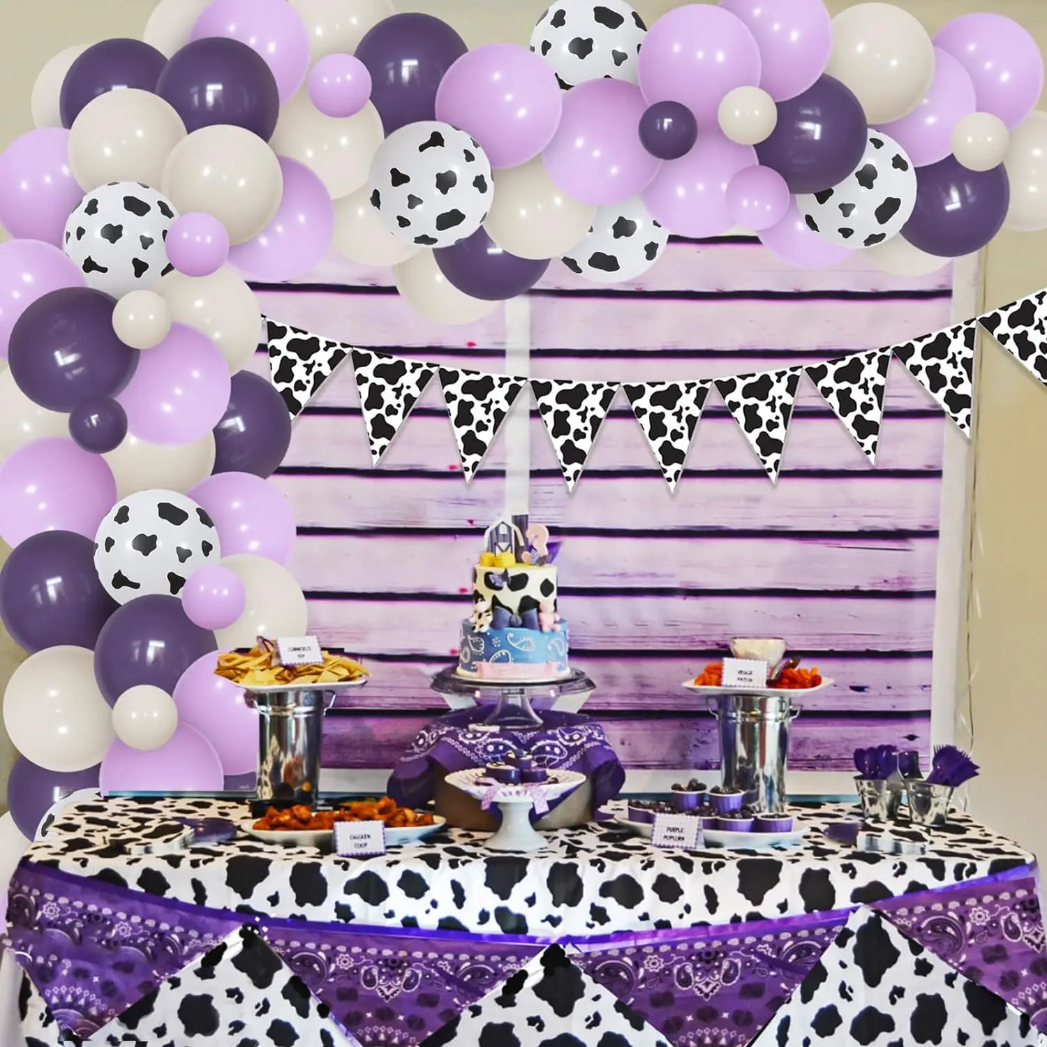 Purple Cow Party Decor Balloons Garland Arch Kit with Cow Pennant Banners Farm Theme 1st 2nd 3rd 4th 5th Birthday Party Supplies