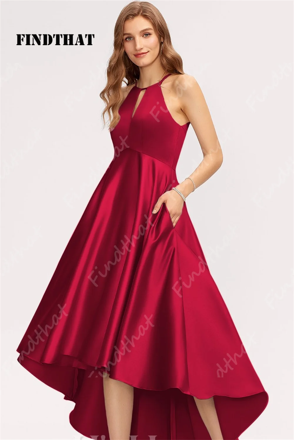 Findthat Simple Halter Sleeveless Bridesmaid Dresses for Wedding 2024 Asymmetrical Ankle-Length Satin A-Line Cocktail Party Gown