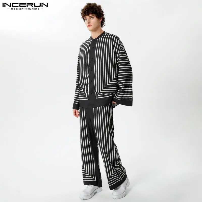 INCERUN 2024 American Style Sets New Men's Fashion Striped Stand Collar Shirts Long Pants Casual Streetwear Two-piece Sets S-5XL