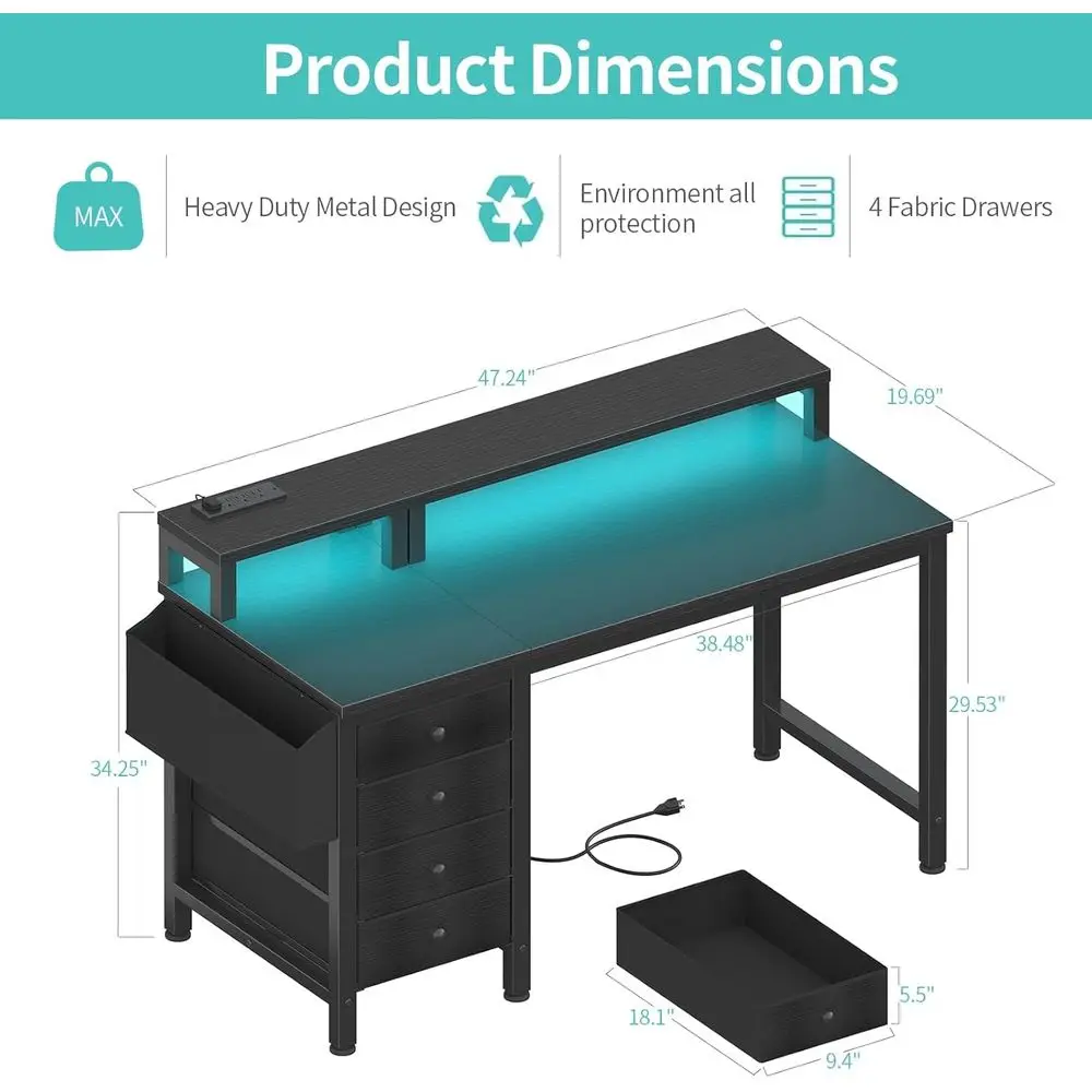 Gaming Desk with LED Lights and Power Outlets, 47 inch Computer Desk with Fabric Drawers, Reversible Home Office Desk with Monit