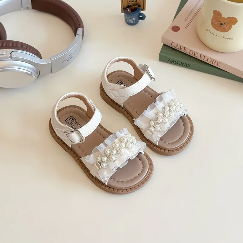 Artificial Pearl Sandals for Girls Kids Shoes Children's Open Toes Hook Loop Sandal 2026 Summer Girl Beach Shoe Flat 21-30