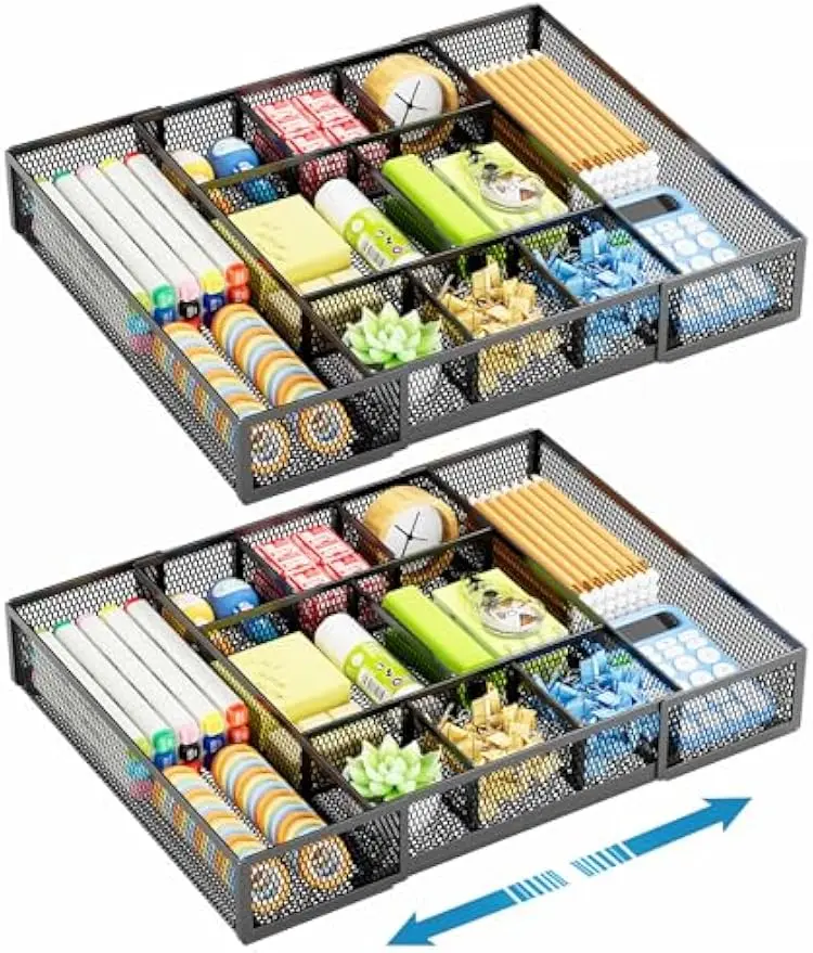 

Expandable Mesh Drawer Organizer with Adjustable Compartments, Black-2 Pack for Office and Home