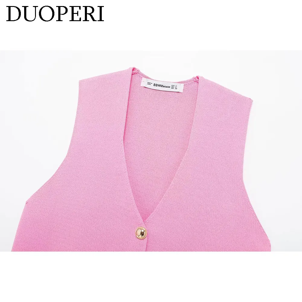 DUOPERI Women Fashion Pink Knitted Vest Tank Tops V-Neck Sleeveless Female Chic Lady Tops Waistcoat