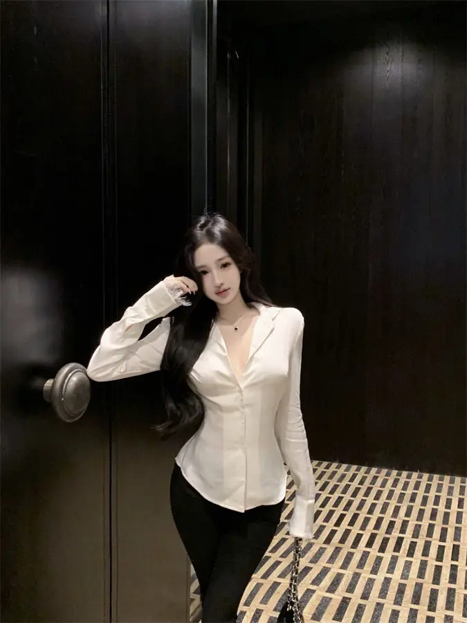 Backless Lace Youthful Fashion Black Long Sleeve Shirt Women V Neck Patchwork Elegant Basic Blouse Lady Office Casual White Top