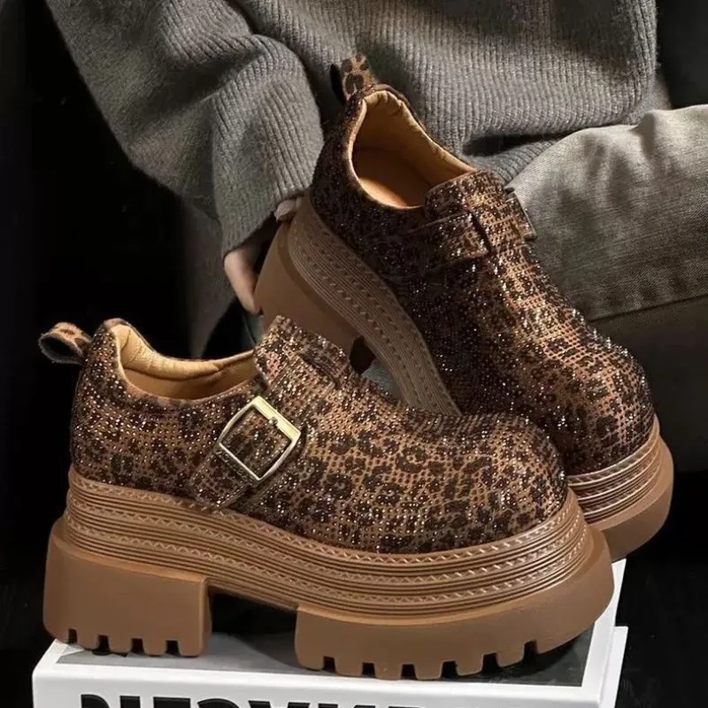 

Women's Petite 2025 Early Spring Rhinestone Leopard Print Leather Loafers Single Shoes Height Increasing Thick Platform Sole