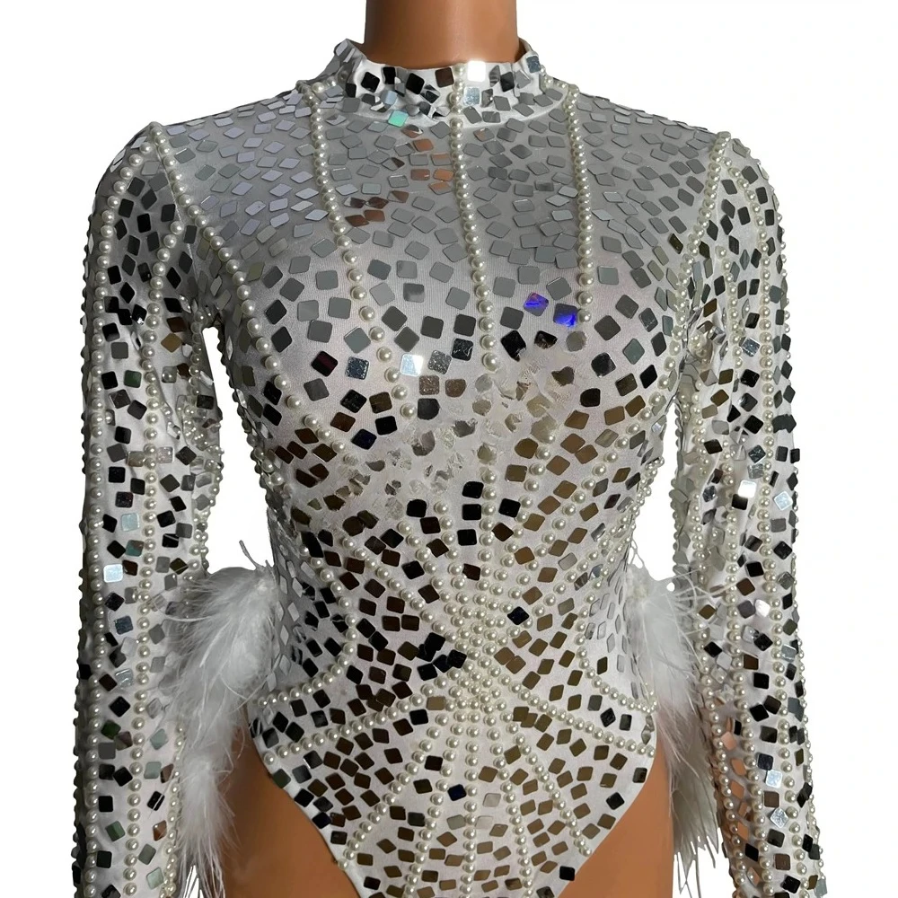 Women Sexy Nightclub Outfit Performance Dance Costume Stage Wear Sparkly Silver Sequins Pearl White Feathers Bodysuit 2 PCS Set