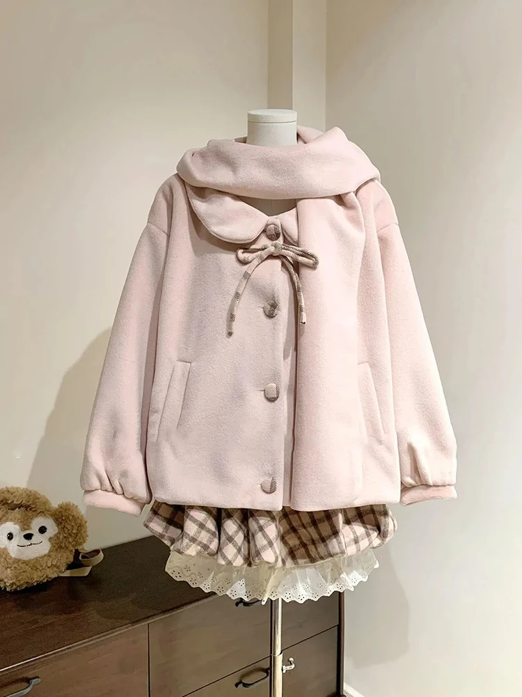 

Pink Woolen Scarf Two-Piece Set with Plaid Lace Splicing ort Skirt for Women Commute Sle Korean Version Winter 2025 New A...
