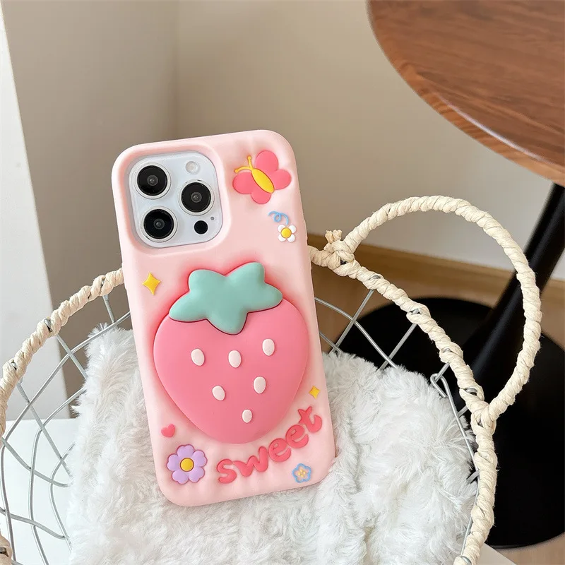 3D süße Cartoon-Erdbeere Teleskophalterung Silikon Handyhülle für iPhone 16 15 14 13 12 Pro Max stoßfeste Schutzhülle