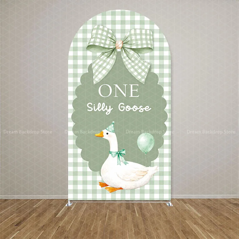 Custom 2-Sided One Silly Goose Sage Green bow Flowers Arch Backdrop Cover Kids Birthday Party Baby Shower Decor Background