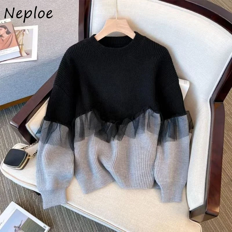 Neploe Oversize Long Sleeve  Sweaters 2024 Autumn New Loose Mesh Patchwork Pullovers Y2k Long Sleeve Knitted Tops Women