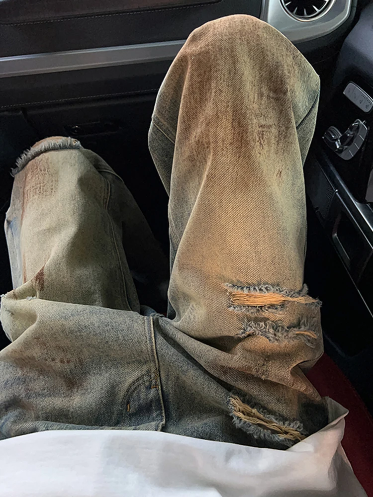

Washed Vintage Men's Jeans Tear Style Straight Leg Durable Cotton Polyester Blend mid Waist Long Trousers Trendy Brand