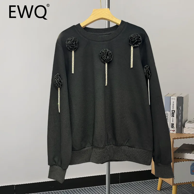 EWQ Fashion 3D Flower Spliced Sweatshirt For Women Round Neck Long Sleeve Loose Versatile Top Clothing 2024 Autumn New 27X761