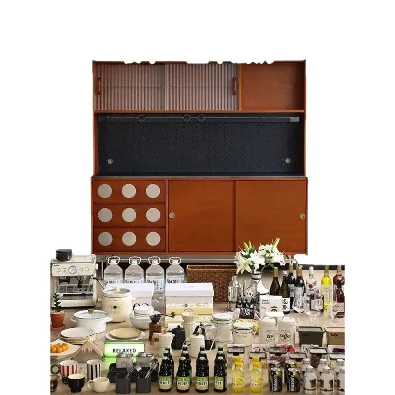 

Medieval solid wood dining side cabinet integrated, wall rock slab tea cabinet retro storage locker, multi-functional