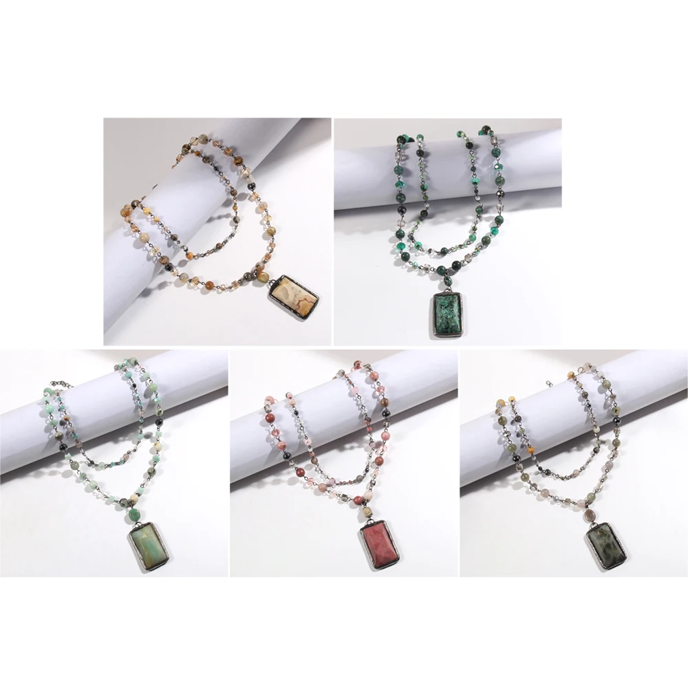 New Vintage Jewelry 4/6/8mm Natural Stone Crystal Glass Hematite Link Chain 2 Layer Necklace Stone Rectangle Pendant Necklace